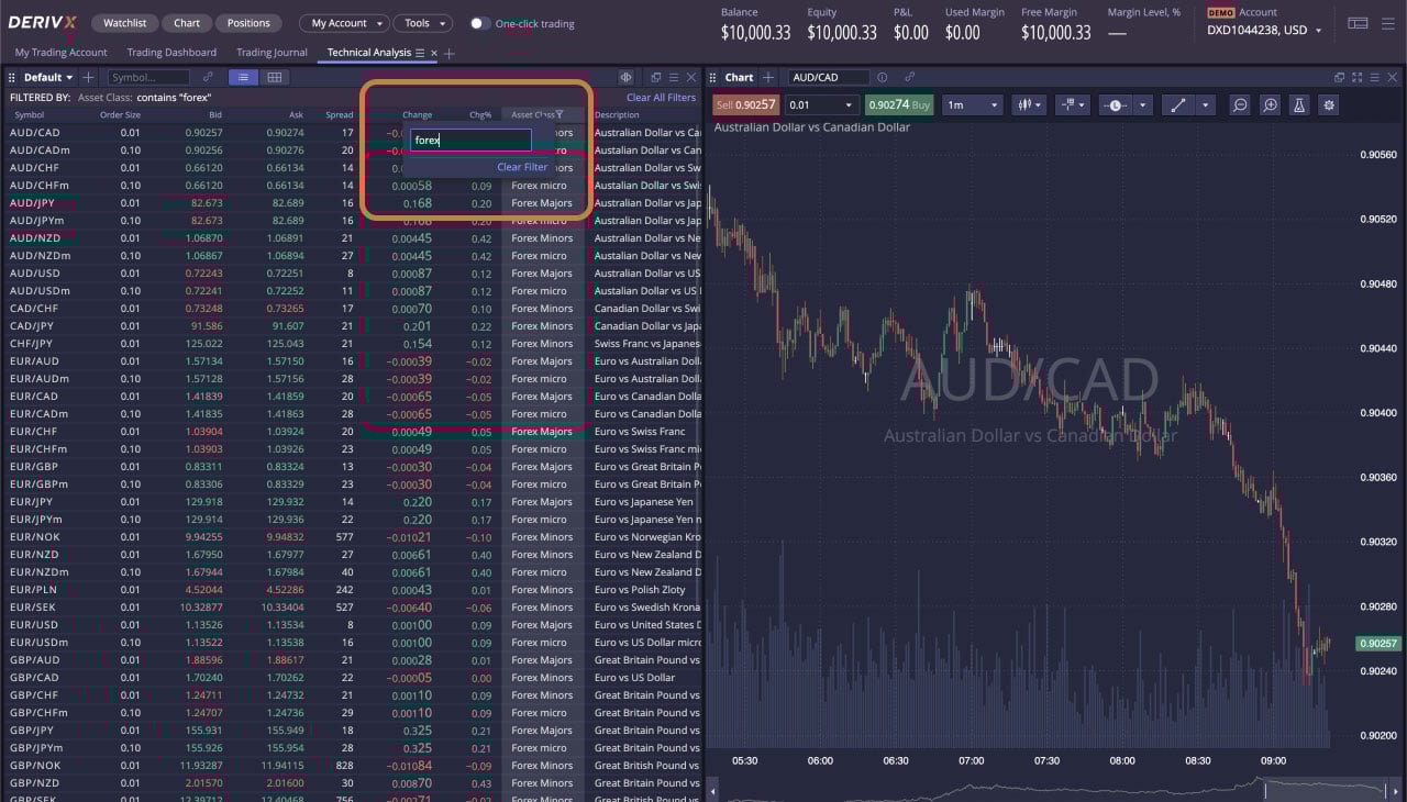 Deriv X Asset Selection