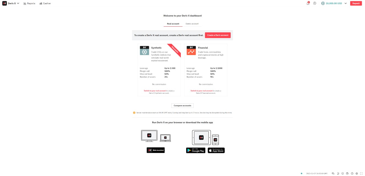 Deriv X account types to choose from.