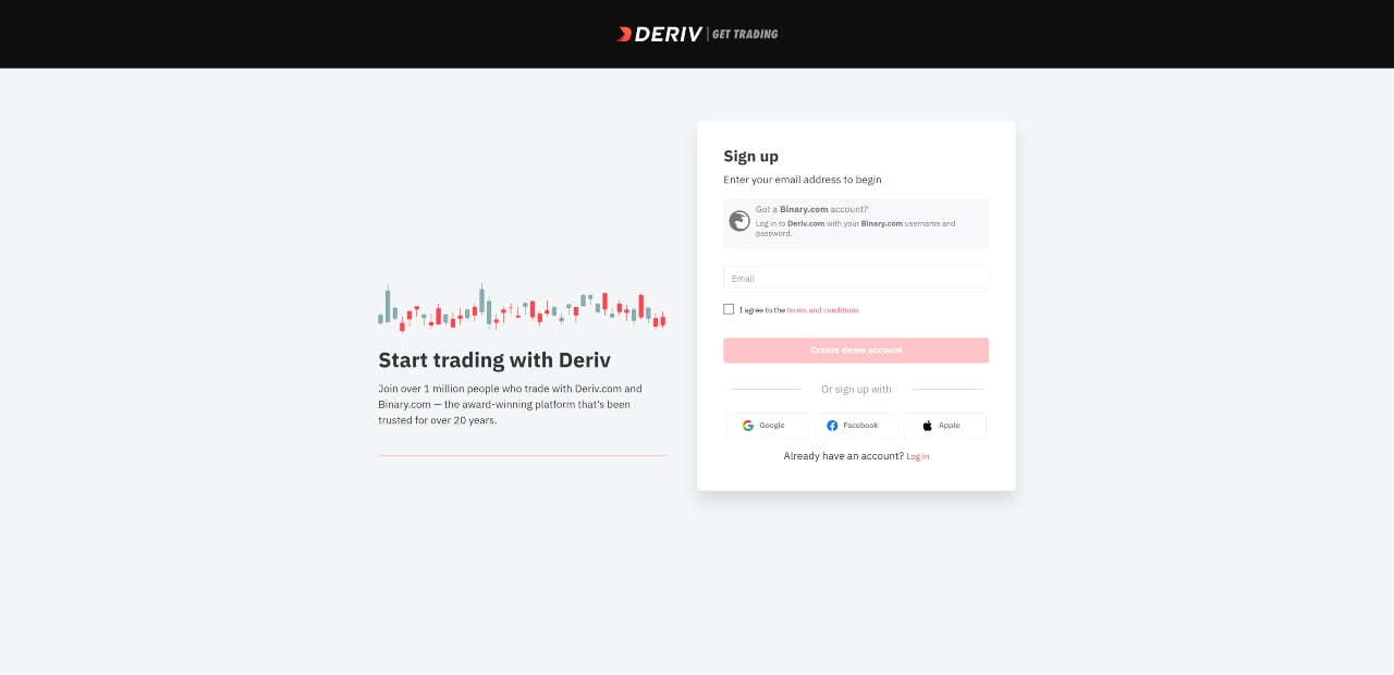 Deriv sign up page.
