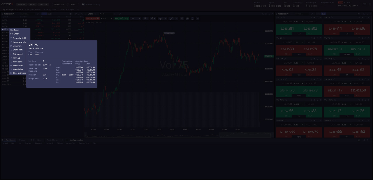 Instrument info on Deriv X.