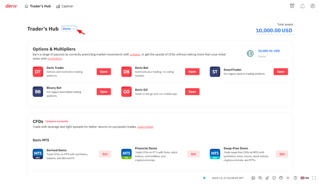 Deriv's Trader's hub dashboard - demo account