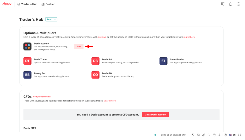 Deriv's Trader's hub dashboard - real account