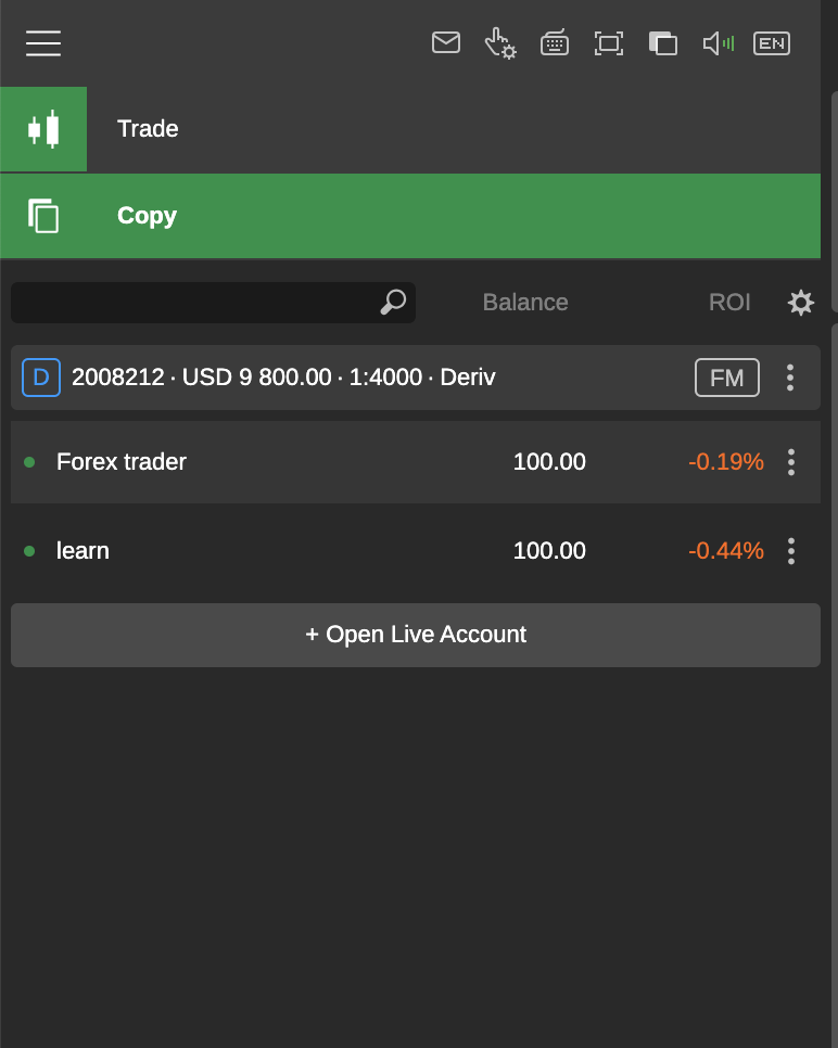 Navigate among the list of active copy trades in the left column within the Copy tab