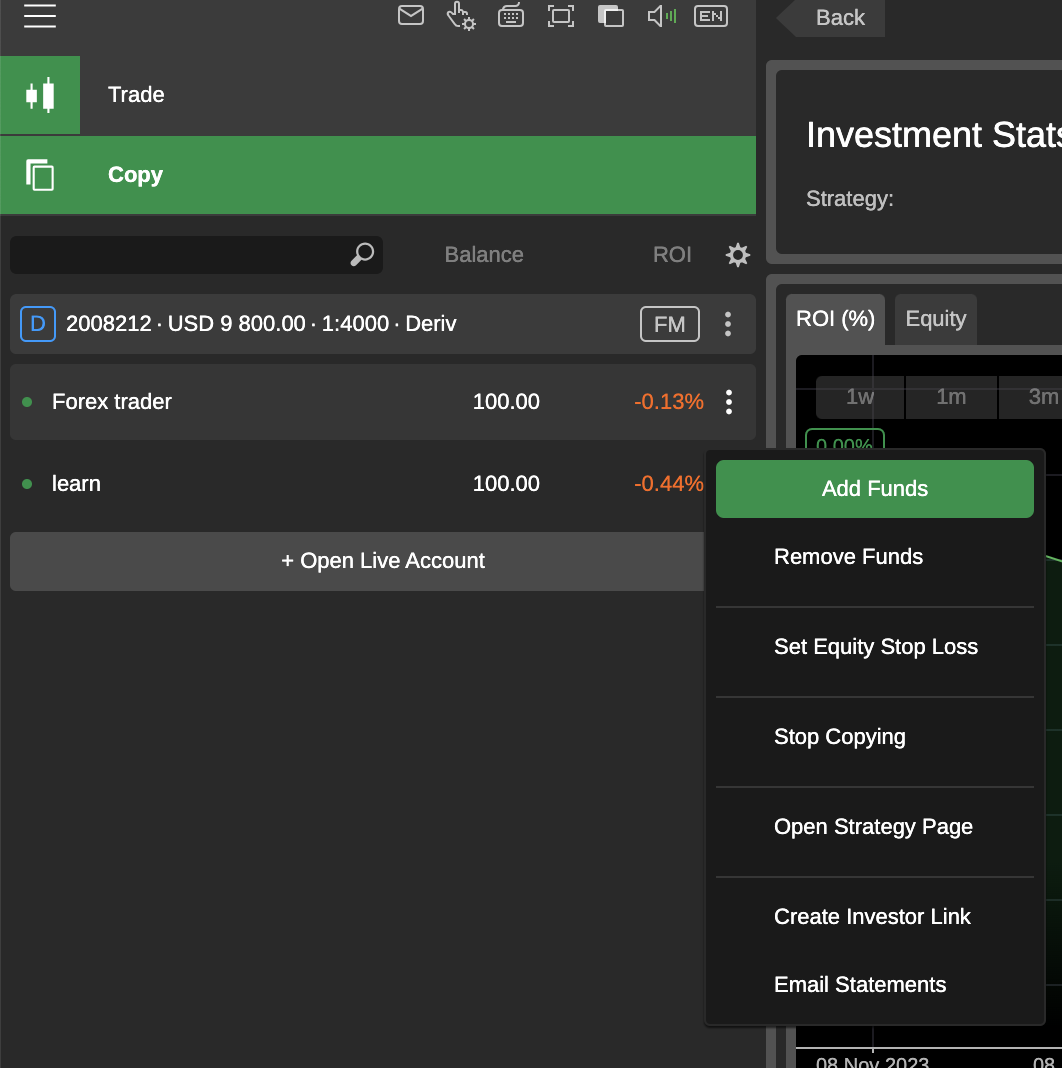 Navigate among the list of active copy trades in the left column within the Copy tab