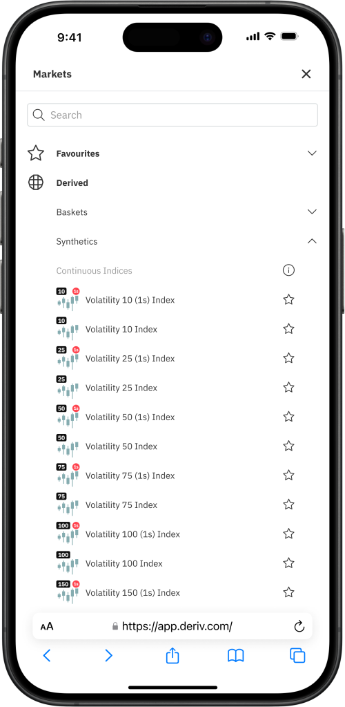 List of volatility indices available on Deriv's trading platform