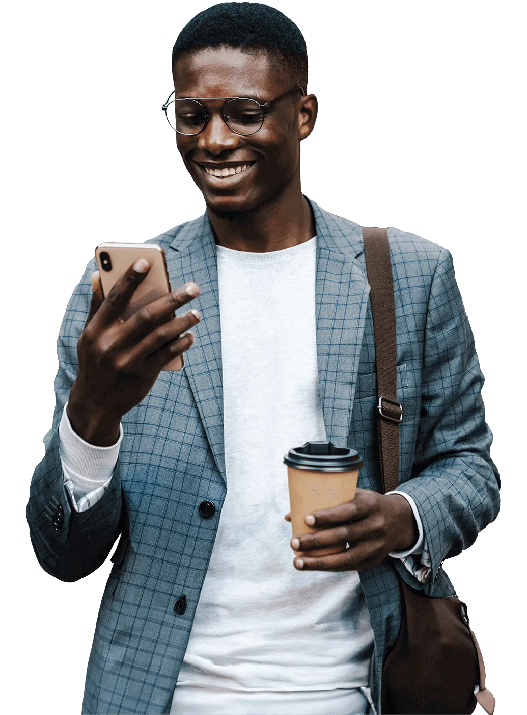 a man smiling and using his phone to trade