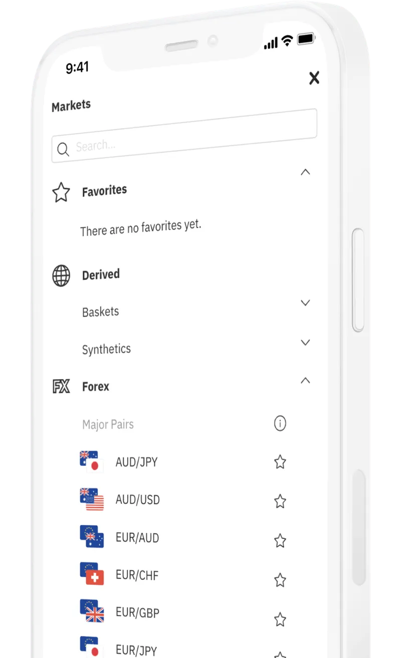 A mobile screen showing different trading assets on Deriv Trader