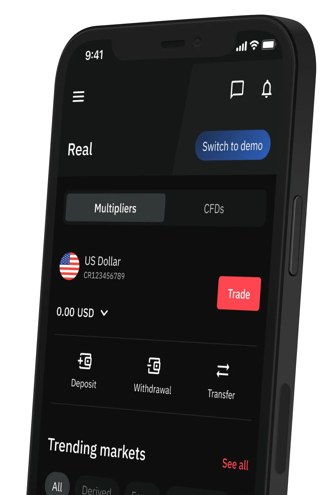 A mobile screen showing trade types on Deriv GO app