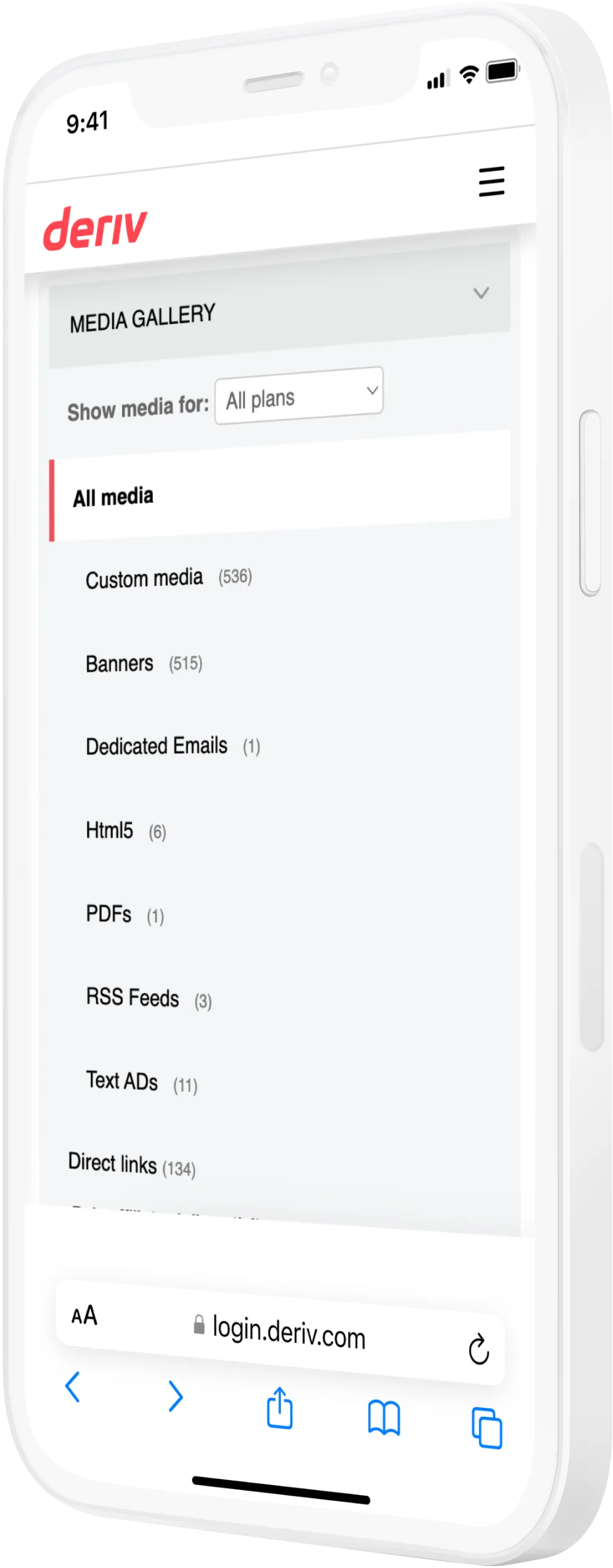 A screen showing the Deriv partners media gallery menu