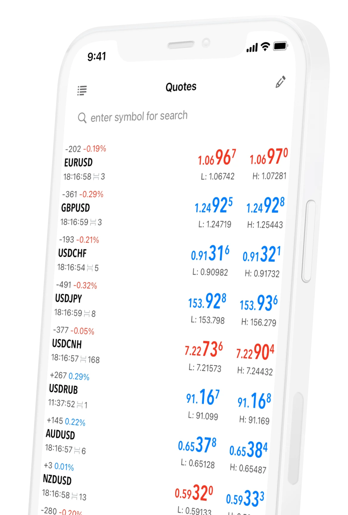 A mobile screen showing fx pair quotes