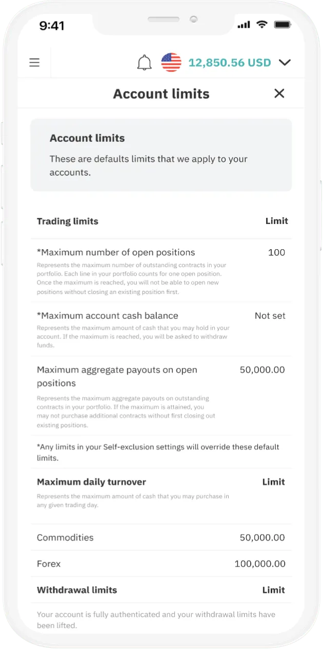 Trading app showing your trading account limits