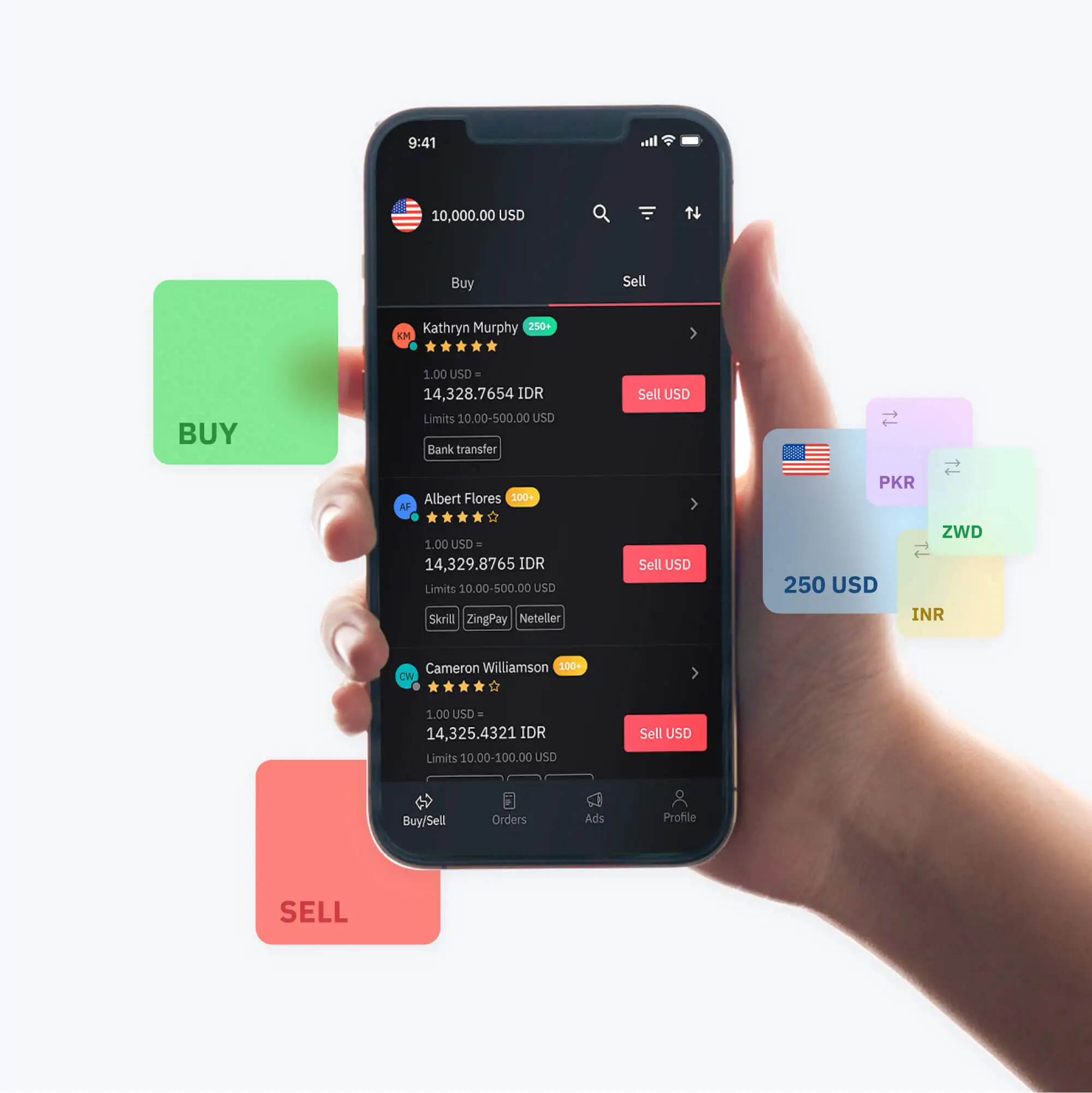 A mobile device displaying peer-to-peer payment agents surrounded by PKR, ZWD, INR, USD icons