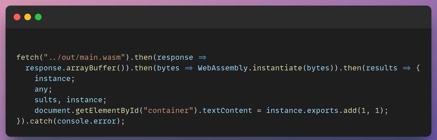 Code to use the Wasm code inside the main.js file