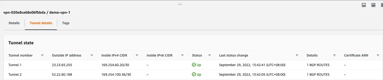 Screen showing BGP sessions configuration on AWS