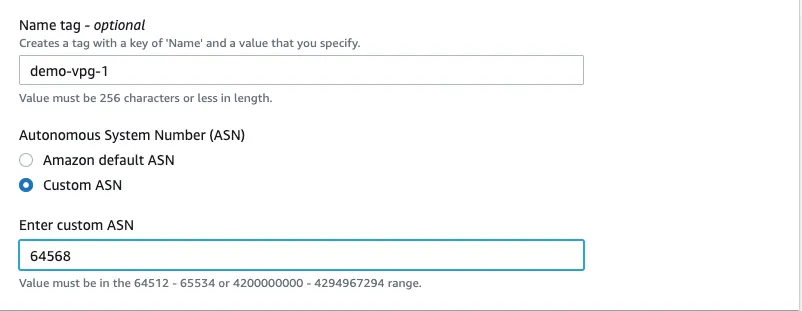 Screenshot showing details to create virtual private gateways