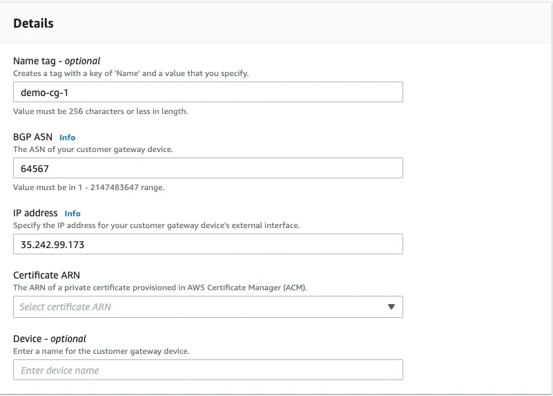Screenshot showing customer gateway details