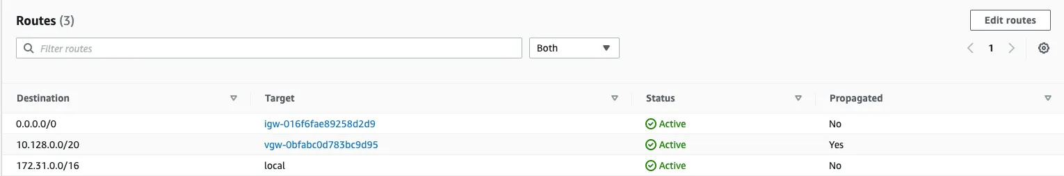 Screen showing VPN route propogation
