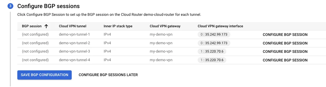 BGP sessions configuration details
