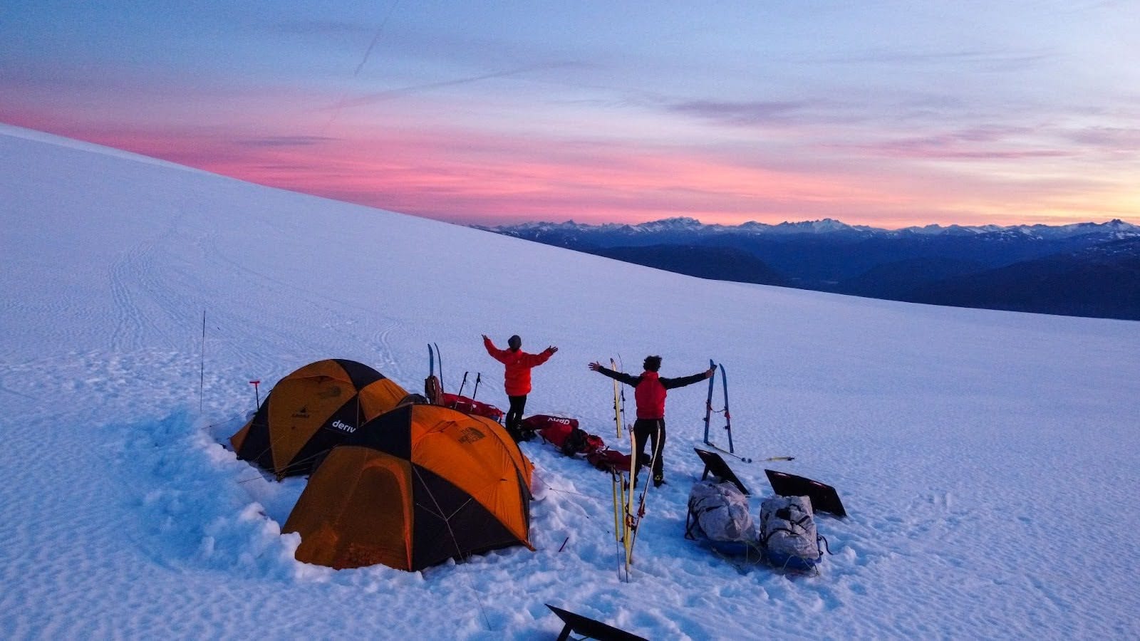 The Kahuna team enjoys the sunrise view at Campo de Hielo Continental Sur.