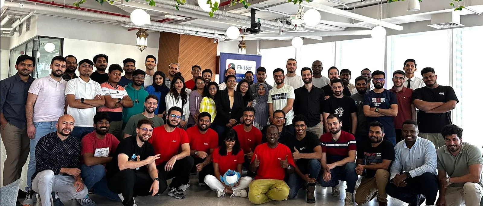 A group picture of the flutter community at the Deriv office in Dubai