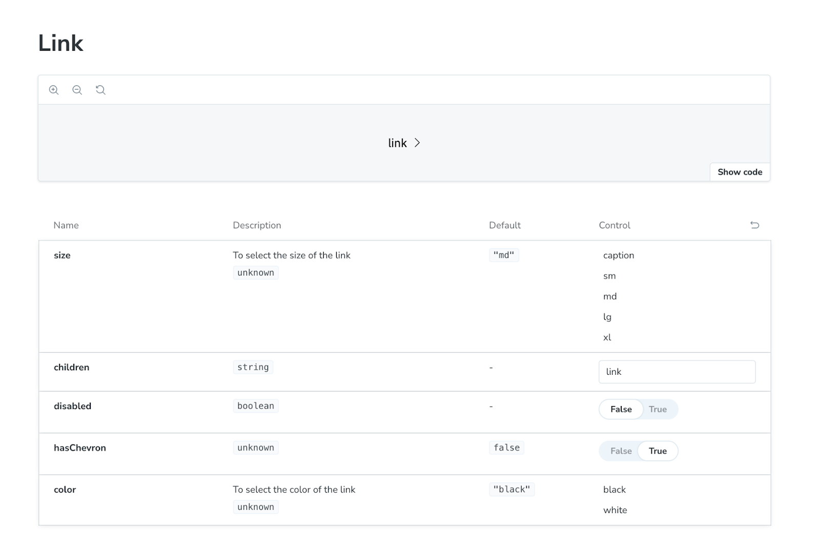 A screen showing the link component in the Quill storybook