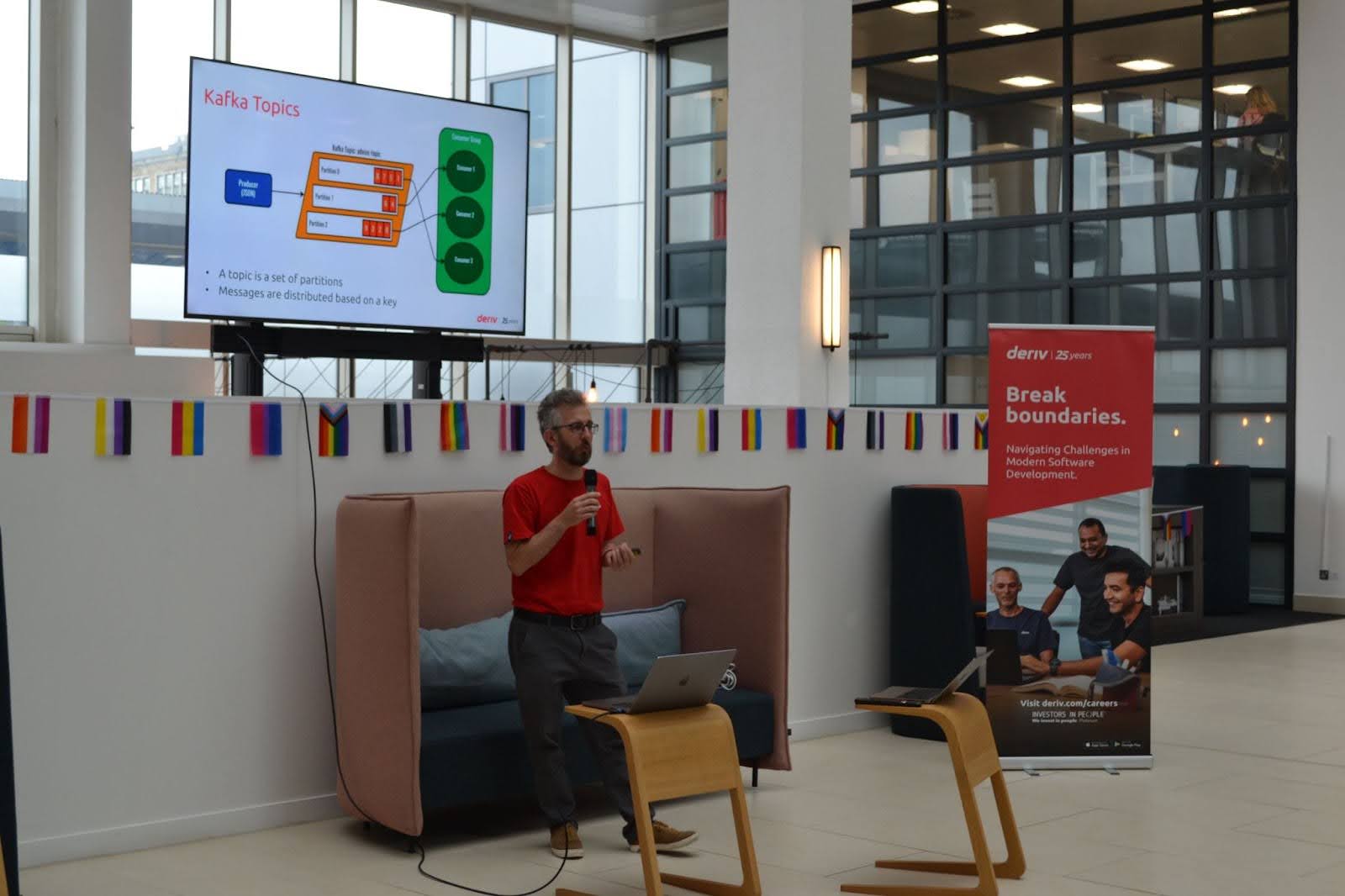 Tristam Fenton-May discusses Kafka at a tech meetup in the UK