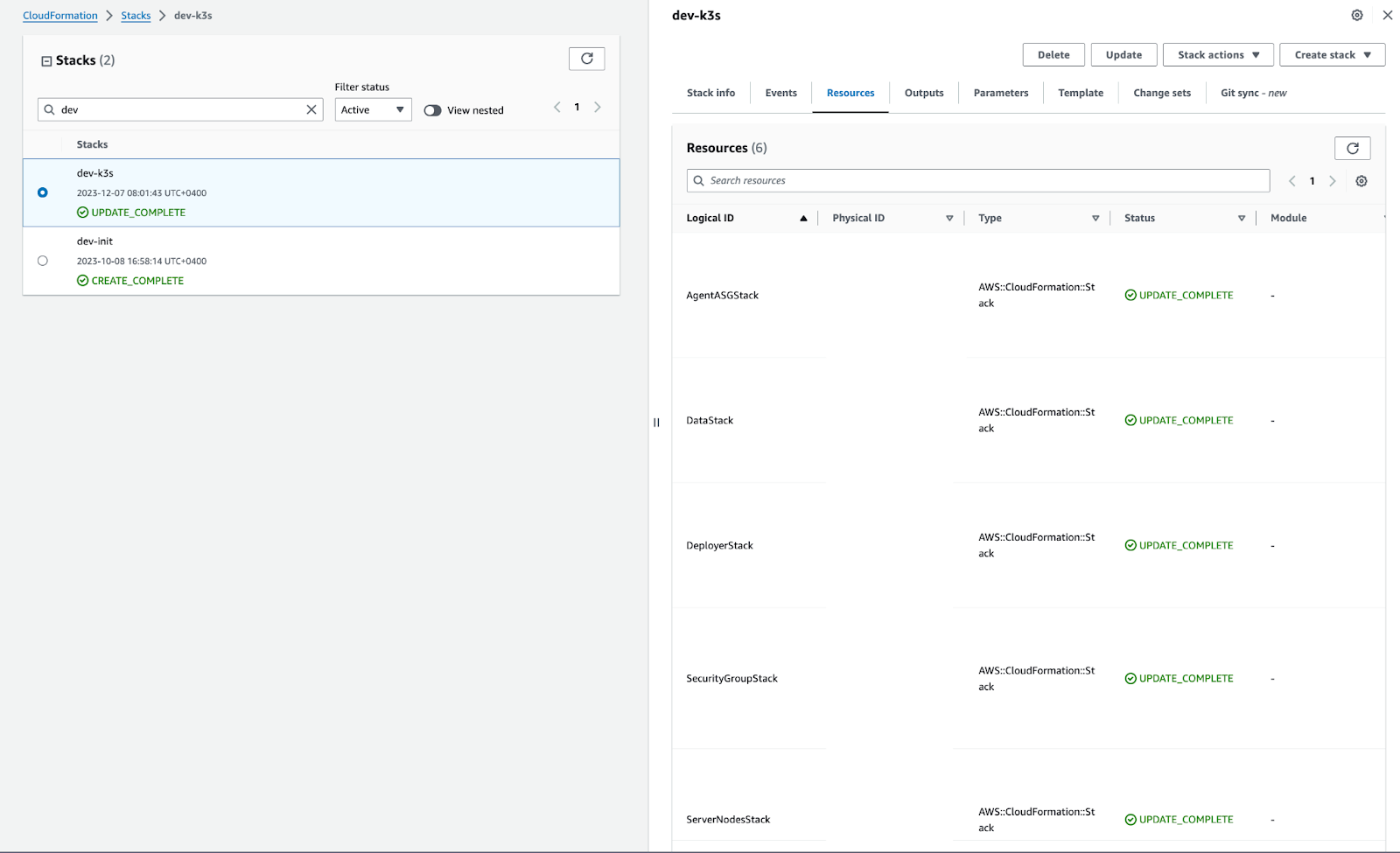A screen showing the provisioned CloudFormation stacks